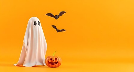 Halloween ghosts with funny pumpkin on orange background. Happy halloween holiday concept.