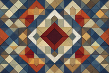 A detailed geometric design featuring a variety of earthy tones. The mosaic is composed of interlocking shapes, creating a symmetrical pattern.AI generated.