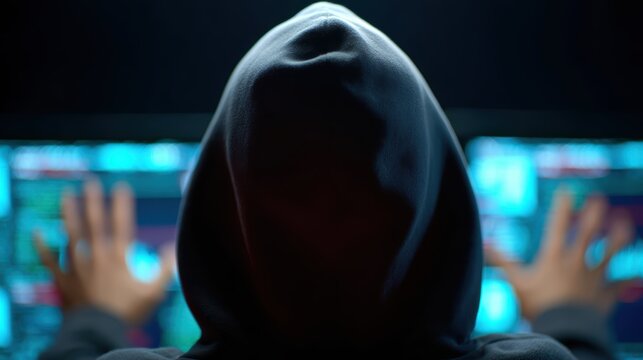 A dramatic shot of a hacker wearing a hoodie, surrounded by multiple glowing monitors with code and digital graphs.