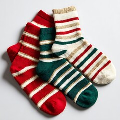 Christmas socks with stripes lying on blank background