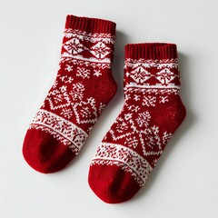 Red Christmas socks with white patterns on white surface