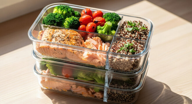 A healthy meal prep container with compartments filled with lean protein, vegetables, and grains, organized neatly for the week ahead