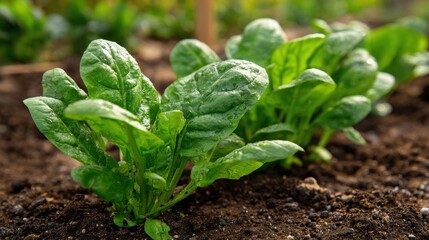 Small spinach plants thrive in garden soil under sunlight. The fresh green leaves emerge from the earth showcasing healthy growth and vitality.