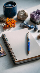 Tarot reading setup with notebook, pen, and cards on bright table, commercial copy space.
