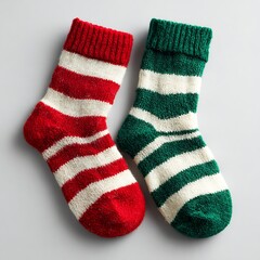 Pair of red and green Christmas socks on blank surface