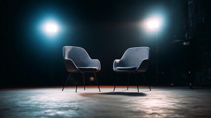 Two stylish chairs set for an interview under bright stage lights in a darkened studio environment.