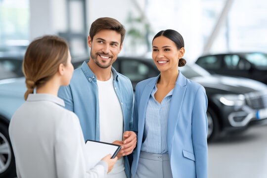 Smiling young couple talking with saleswoman inside modern car dealership, luxury cars displayed in background under bright natural light, concept of customer service, trust and successful purchase - Powered by Adobe