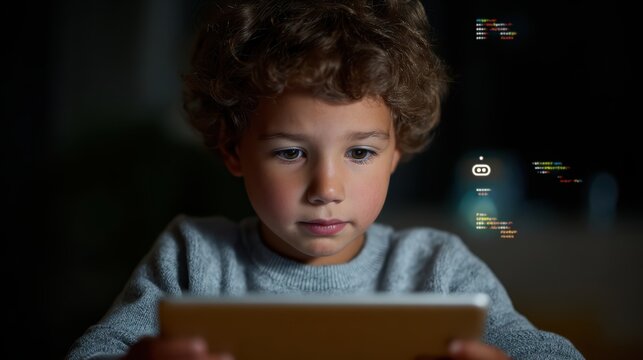 A young child learning to code on a tablet, with a stream of code and small robot icons floating around them.