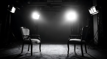 Two stylish chairs set for an interview under bright stage lights in a darkened studio environment.