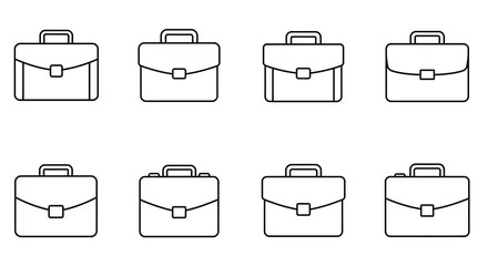 Eight black and white outline depictions of briefcases in a grid format