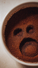 Macro of coffee grounds forming symbolic shapes in cup, neutral light.