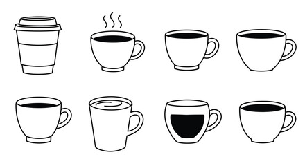 A collection of simple black and white coffee cup illustrations