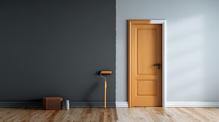 Two-tone room transformation with door and paint roller in modern interior setting.