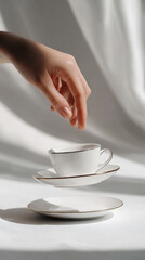 Hand turning cup upside down on saucer for fortune telling, white table.