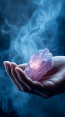 Hand placing quartz stone on open palm, concept of mystical energy.
