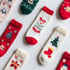 Christmas socks lying flat on plain white background