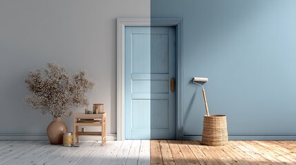 Two-tone room transformation with door and paint roller in modern interior setting.