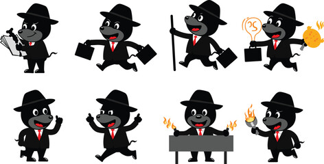 Cartoon black dog character, businessman dog mascot, dog in suit vector, working dog illustration, funny dog drawing, professional dog design, office dog art