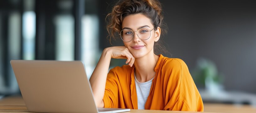 Smiling businesswoman in orange shirt and round glasses working on laptop at wooden desk, sitting near window with blurred dark office background, concept of online education and copywriting course - Powered by Adobe