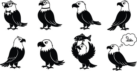 Cartoon eagle illustration set, funny eagle vector, eagle with glasses, eagle holding fish, eagle mascot drawing, eagle character design, black and white eagle art