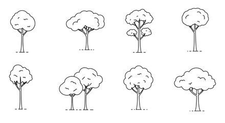 Simple outline illustrations of various tree shapes and foliage designs