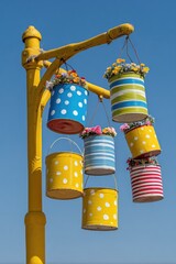 Colorful flower planters in repurposed tin cans hang from a yellow metal post against a vibrant blue sky.