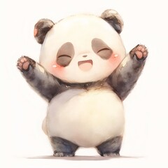 ふわふわの赤ちゃんパンダが手を挙げて明るい背景に立つ
