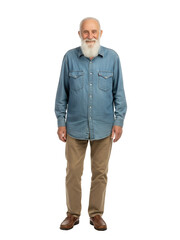 Smiling senior man with a long white beard stands in full view.