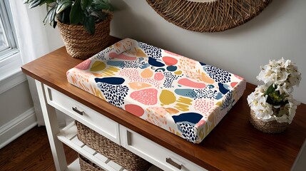 Vibrant Pastel Changing Table Pad with Whimsical Abstract Patterns for a Modern Nursery on White.