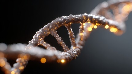 A close-up of a DNA helix made of glowing, interconnected nodes, representing genetic engineering and data.