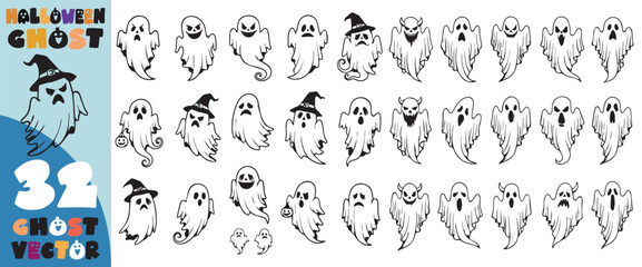 Collection of hand drawn doodle style ghosts and spooky characters with halloween hats and expressions for festive decorations and designs