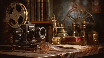 Vintage film strip contrasting with antique camera equipment in a dimly lit studio environment.
