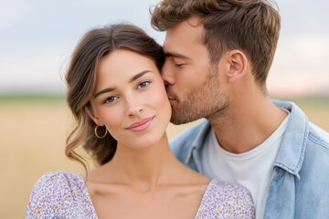 Fototapeta premium Romantic couple outdoors at sunset, man gently kissing woman on cheek, soft warm light and natural background, concept of love, tenderness and happiness