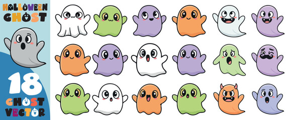 Collection of 18 cute and friendly cartoon ghosts in various colors and expressive emotions for halloween and spooky themed designs
