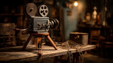 Vintage film strip contrasting with antique camera equipment in a dimly lit studio environment.