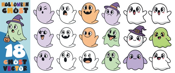 Collection of eighteen cute cartoon ghosts in various colors and expressions for halloween themed designs and decorations