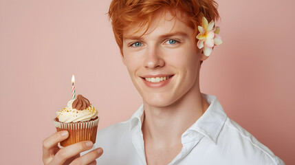 Young man with vibrant red hair and a gentle smile, holding a colorful birthday cupcake with a single lit candle, his bright blue eyes sparkling with joy, wearing a casual white shirt and standing 