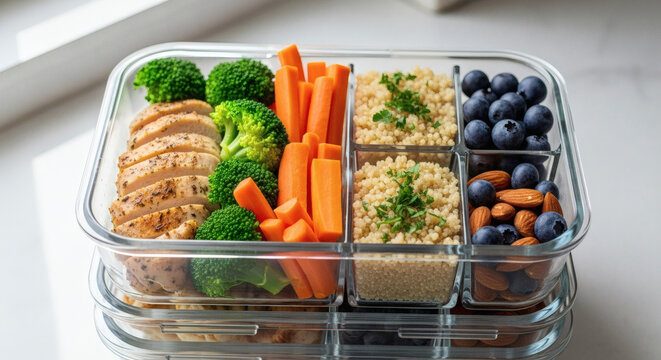 A healthy meal prep container with compartments filled with lean protein, vegetables, and grains, organized neatly for the week ahead