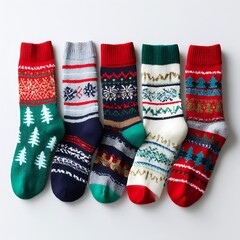 Flat lay of Christmas socks on white background