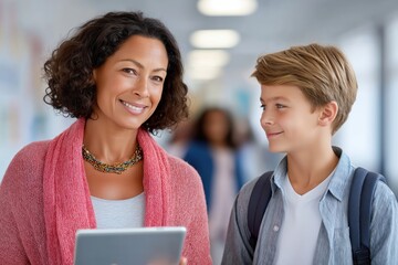 Smiling female teacher holding tablet walking with student in bright school hallway, boy wearing backpack looking at her, natural light and modern educational atmosphere