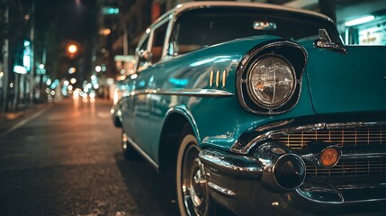 Vintage Teal Car Night City Street Closeup.