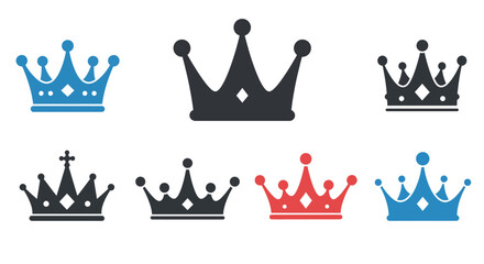A collection of royal crowns in varying colors and designs