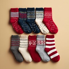 Cozy holiday Christmas socks displayed on blank surface