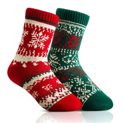 Red and green Christmas socks isolated on white background