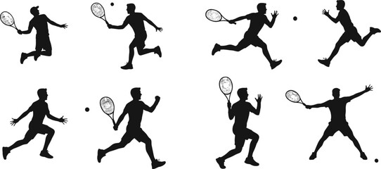 Tennis player silhouette set, swinging racket, hitting ball, running pose, sports action vector for match, athlete, training, game, competition
