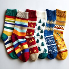 Colorful Christmas socks on plain white background