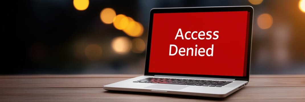 Laptop on wooden desk showing red screen with white “access denied” message, positioned to the right with blurred dark background and warm bokeh lights, cyber security or job access restriction       