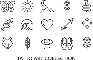 Fototapeta premium Collection of minimalist tattoo art designs featuring butterflies sun mountains flowers and more