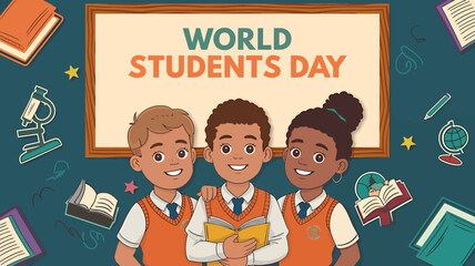 Vector art of world students day concept with three smiling students in uniform holding a book, surrounded by educational symbols and a blackboard sign