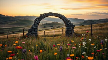 Majestic stargate in serene meadow with wildflowers and cottagecore aesthetic under pastel sunset&rdquo;Fantastic Frontiers Digital Artwork series ar 16:9
